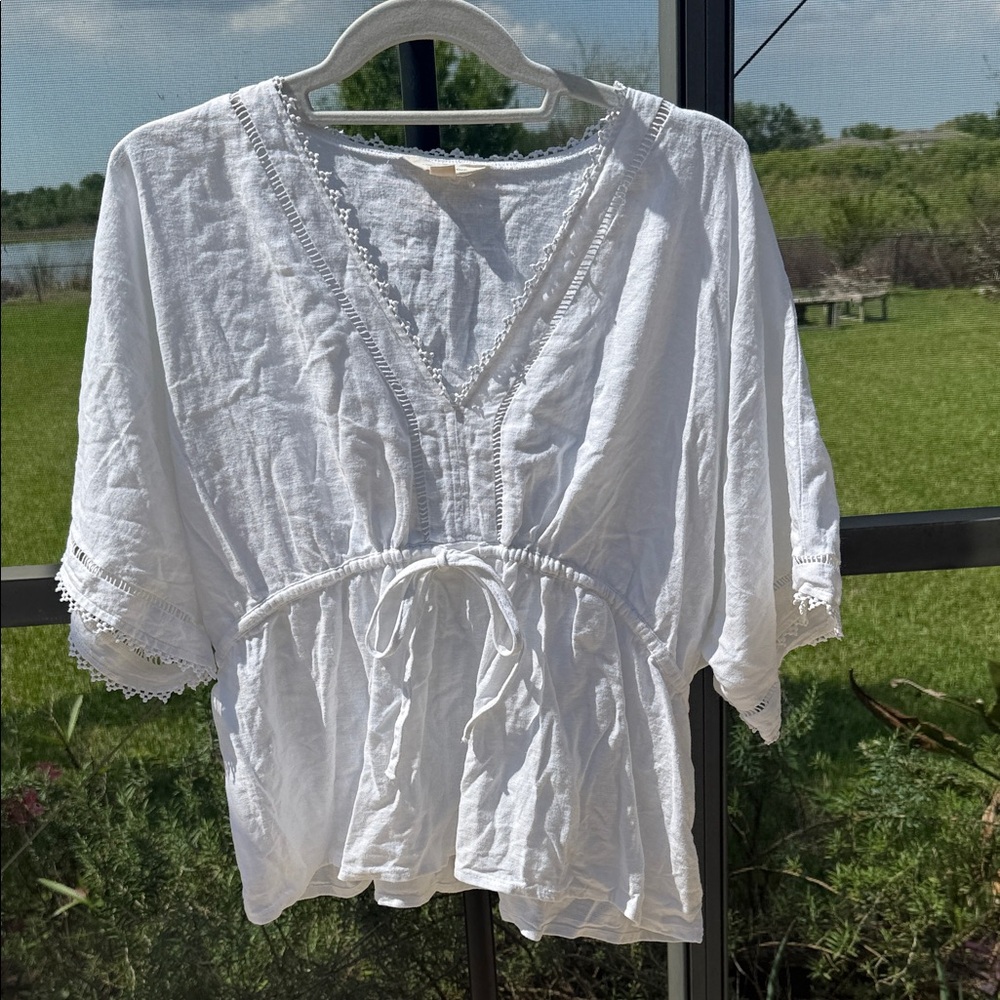 Lucky Brand White V-Neck Peasant Drawstring Tunic
